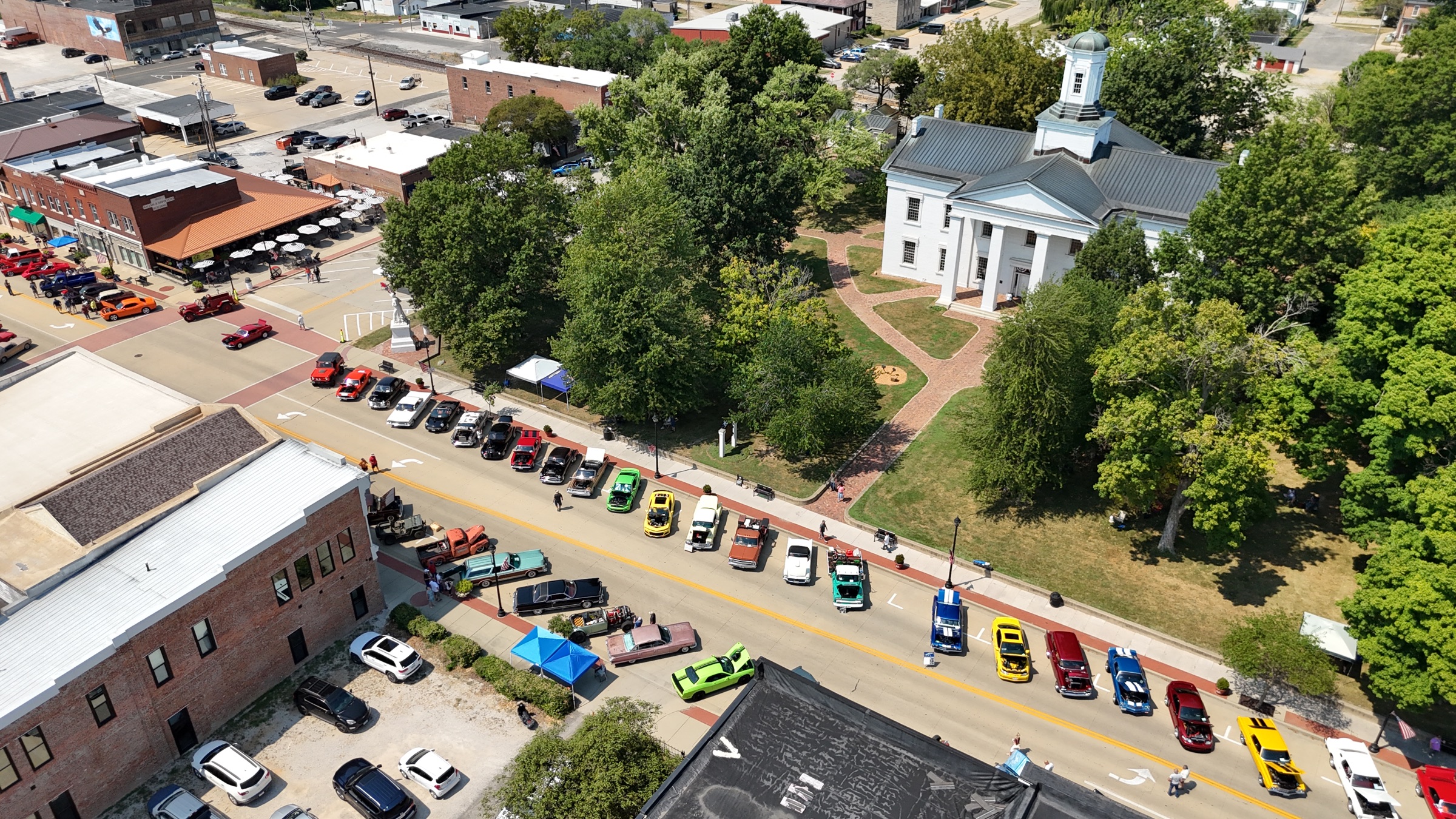 Aerial view of downtown Vandalia during a community event